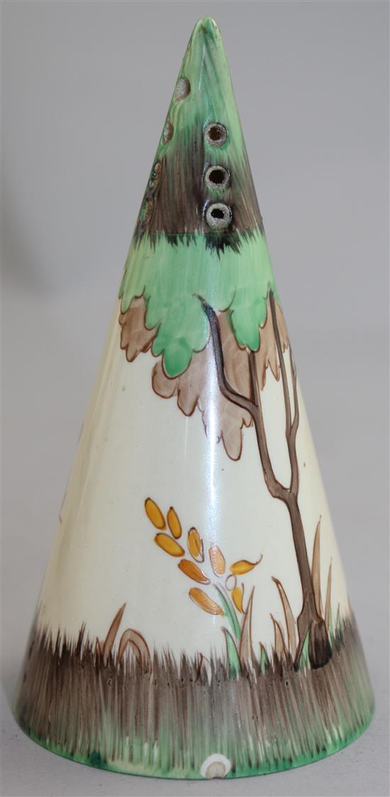 A Clarice Cliff conical sugar sifter, 14cm, splinter chip to foot